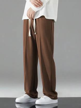 Men Straight Fit Brown Polyester Trousers